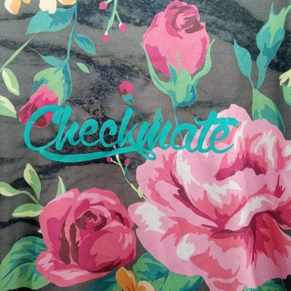 Super Massive Sweater‎ Mens Large Black Pink Flowers Checkmate Pullover Crew - Picture 2 of 8